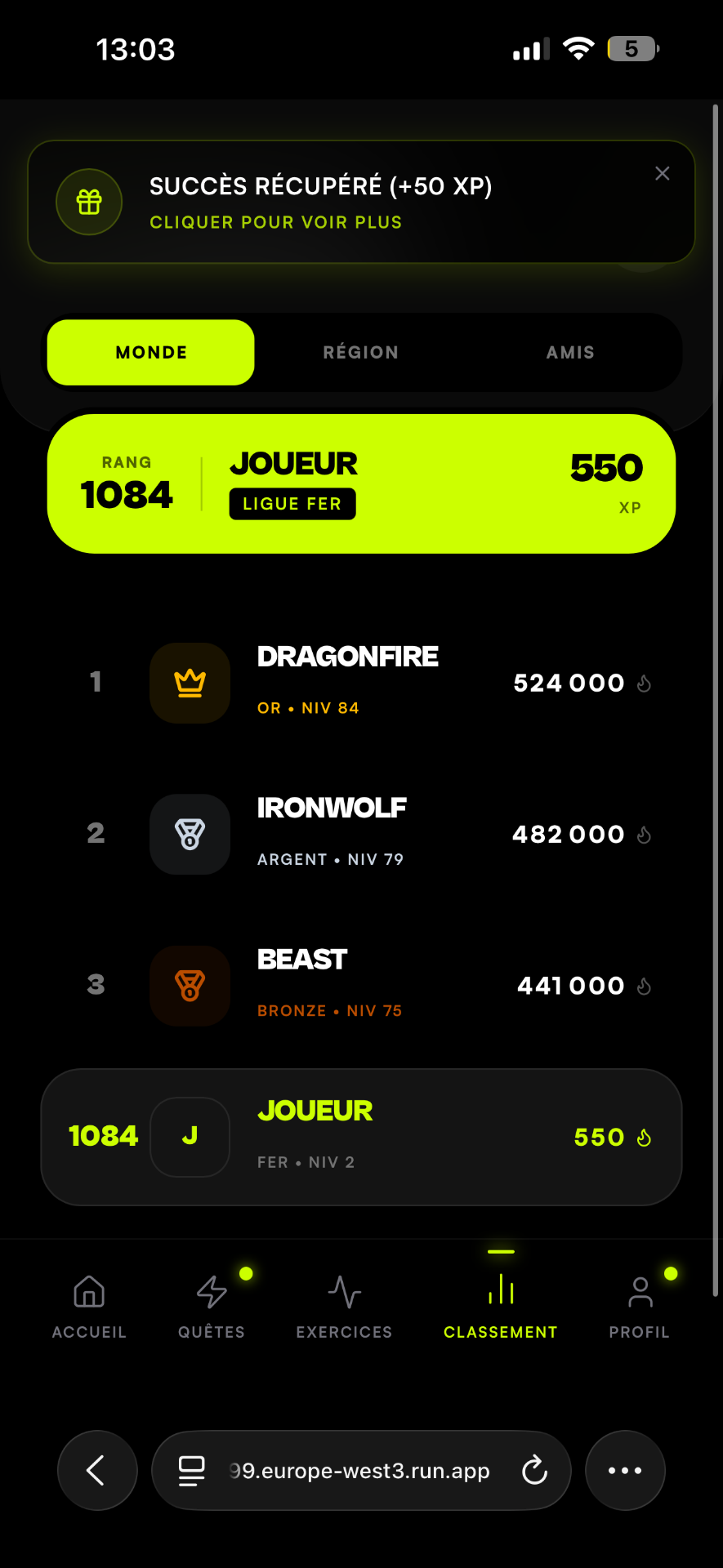 Écran Classement de Kalos : Workout