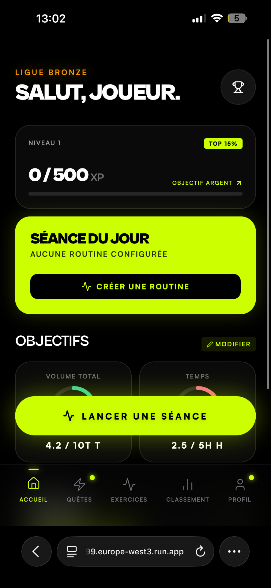 Écran d'accueil de l'application Kalos : Workout